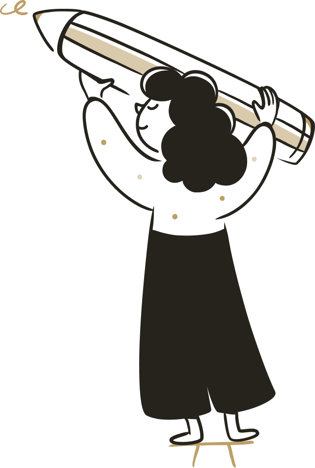 A simple, minimalist, and geometric character design of a woman with a magnify glass in her hand while stating at the case study underneath her.