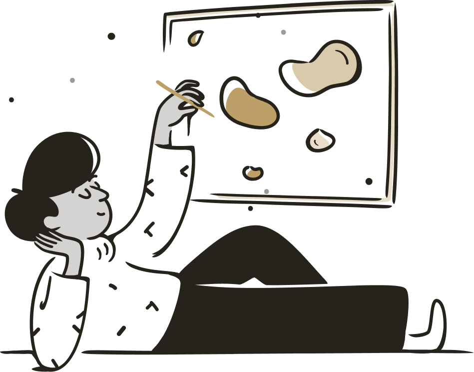 A simple, minimalist, and geometric character design of a woman with a magnify glass in her hand while stating at the case study underneath her.