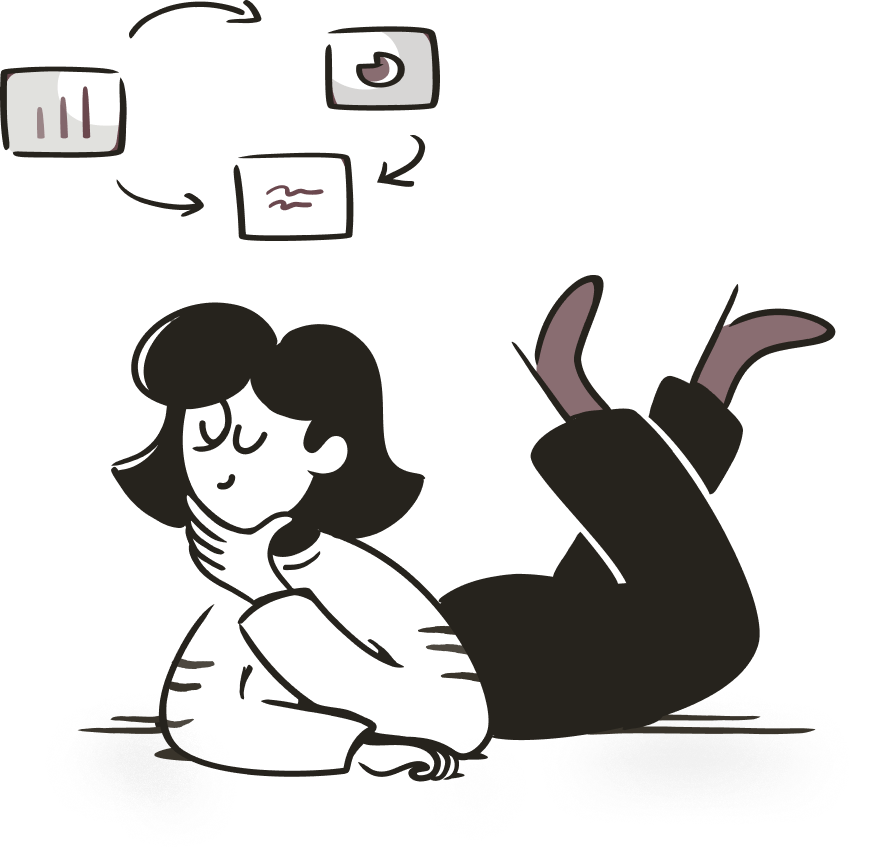 A simple, minimalist, and geometric character design of a woman thinking with a smile while laying down on her stomach. Above her head there is a diagram of 3 data graphs and lightbulbs 