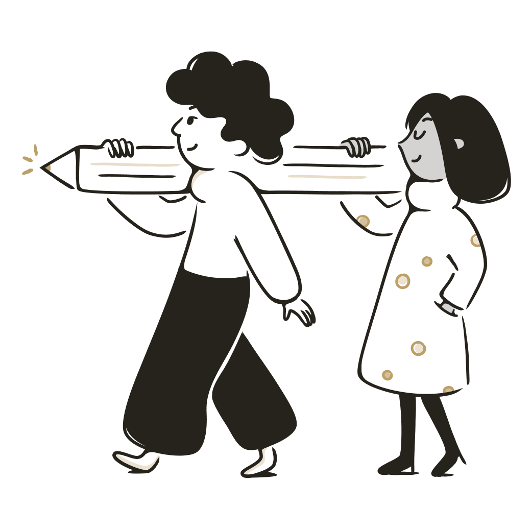 A simple, minimalist, and geometric character design of a woman with a magnify glass in her hand while stating at the case study underneath her.