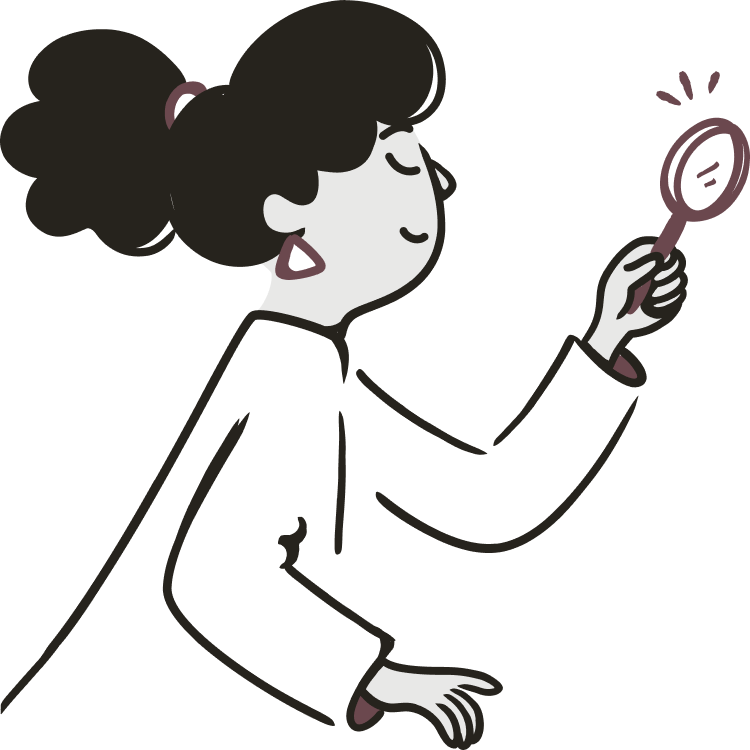 A simple, minimalist, and geometric character design of a woman with a magnify glass in her hand while stating at the case study underneath her. 